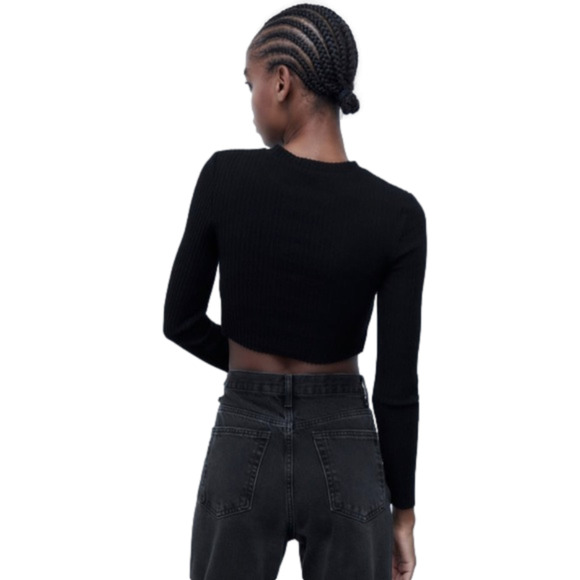 ZARA Womens Black Ribbed Knit Crop Top Long Sleeve Lettuce Hem Stretch S - Picture 2 of 10